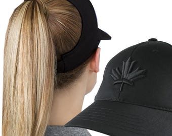 Canada Maple Leaf 3D Puff Black Raised Embroidery Design on an Adjustable Structured Black Ponytail Hairdo Women Open Fashion Baseball Cap
