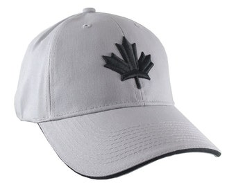 Canada Canadian Black Maple Leaf 3D Puff Embroidery Adjustable Light Silver Structured Baseball Cap with Options to Personalize Side Back