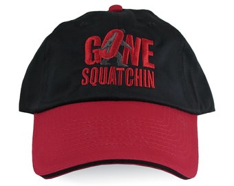 Gone Squatchin Bigfoot Sasquatch Yeti Legend Red Embroidery on an Adjustable Red and Black Unstructured Dad Hat Style Baseball Cap