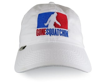 Gone Squatchin League Sasquatch Bigfoot Tri-Color Embroidery on an Adjustable White Unstructured Baseball Cap Dad Hat