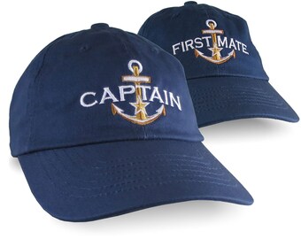 2 Hats Nautical Star Golden Anchor Captain First Mate Embroidery 2 Adjustable Navy Blue Unstructured Ball Caps Options Personalize Both Hats