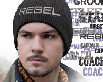 Round Smooth Crown Custom Tri-Blend Beanie Text Logo Embroidery Cuff Toque in Navy or Black with Options to Personalize.