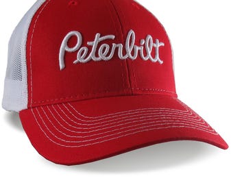 Peterbilt Truck 3D Puff Embroidery Design on an Adjustable Red and White Structured Trucker Mesh Cap