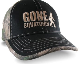 Gone Squatchin Humorous Sasquatch Bigfoot Silhouette Embroidery on a an Adjustable Black on Realtree Style Camouflage Style Baseball Cap