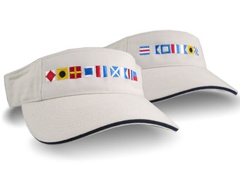 Captain First Mate Couple Spelled Out Nautical Flags Embroidery on a pair of Stone Beige Visors Duo Adjustable Elegant Fashion Sun Hats