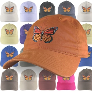 Custom Large Colorful Monarch Butterfly Embroidery on an Adjustable Unstructured Dad Hat Style Baseball Cap 16 Hat Colors Selection