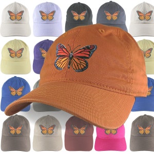 Custom Large Colorful Monarch Butterfly Embroidery on an Adjustable Unstructured Dad Hat Style Baseball Cap 16 Hat Colors Selection