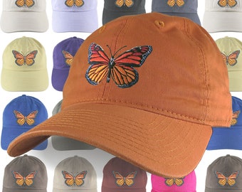 Custom Large Colorful Monarch Butterfly Embroidery on an Adjustable Unstructured Dad Hat Style Baseball Cap 16 Hat Colors Selection