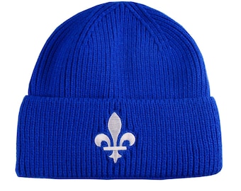 Quebec Fleur de Lys Embroidery on 100% Acrylic Beanie Cuff Toque in Royal Blue with Options to Personalize.
