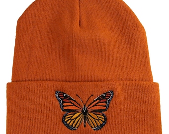 Large Monarch Butterfly Embroidery on 100% Acrylic Beanie Cuff Toque in Burnt Orange with Options to Personalize.