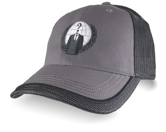 Anonymous Logo Embroidery on an Adjustable Charcoal Grey and Black Trimmed Structured Classic Style Trucker Mesh Fashion Cap