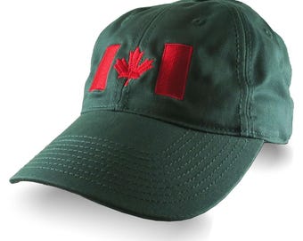 Red Canada Canadian Flag Embroidery on a Forest Green Unstructured Adjustable Baseball Cap