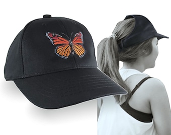 Monarch Butterfly Embroidery Design on an Adjustable Structured Black Ponytail Hairdo Women Open Fashion Baseball Cap
