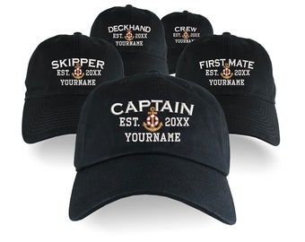 Custom Personalized Captain First Mate Skipper Deckhand Crew Embroidery on an Adjustable Unstructured Black Baseball Cap with Option