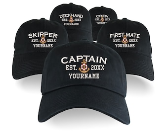 Custom Personalized Captain First Mate Skipper Deckhand Crew Embroidery on an Adjustable Unstructured Black Baseball Cap with Option