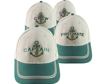 Nautical 4 Hats Bundle Captain Crew Embroidery Adjustable Emerald Green and Beige Structured Baseball Caps Personalization Options Boat Name