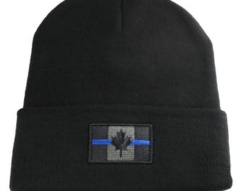 Canadian Blue Line Flag Embroidery on 100% Acrylic Beanie Cuff Toque in Black with Options to Personalize.