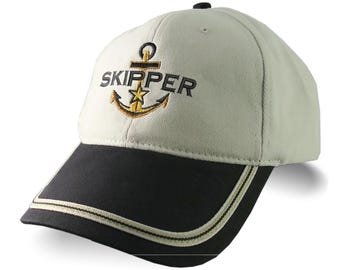 Nautical Star Anchor Skipper Embroidery Adjustable Black and Beige Structured Baseball Cap Options to Personalize Boat Name