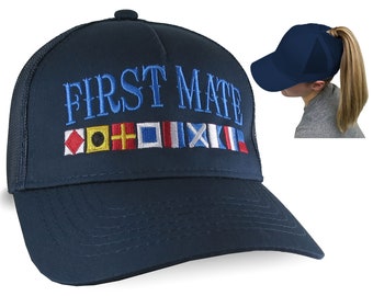 Blue First Mate Nautical Signal Flags Embroidery Design Adjustable Structured Navy Blue Ponytail Hairdo Women Trucker Style Soft Mesh Cap