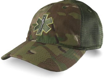 Paramedic Star of Life Embroidery on an Adjustable Unstructured Classic Multicam Camo Low Profile Trucker Mesh Cap
