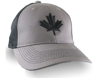 Canada Canadian Black Maple Leaf 3D Puff Raised Embroidery on an Adjustable Charcoal Black Structured Trucker Mesh Cap