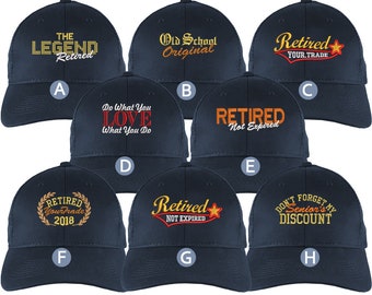 Custom Retirement Embroidery Design on a Navy Blue Full Fit Classic Adjustable Trucker Cap 8 Designs to Choose From Some Personalized