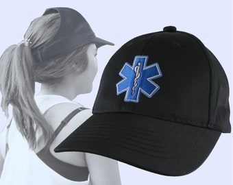 Blue Paramedic Star of Life Embroidery Design on an Adjustable Structured Black Ponytail Hairdo Women Open Fashion Baseball Cap