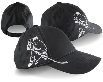 Adult or Youth Size Adjustable Structured Classic Hockey Player Black Baseball Cap with Custom Embroidery Personalization Options