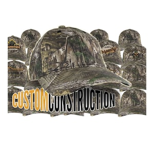 May include: A group of 10 camouflage baseball caps with various company logos embroidered on the front. The logos include "Company Crew", "Custom Construction", "Campinname Excavation", "Name's Woodworking", "Carpentry Services", and "Dist. Point Instruction Inc."
