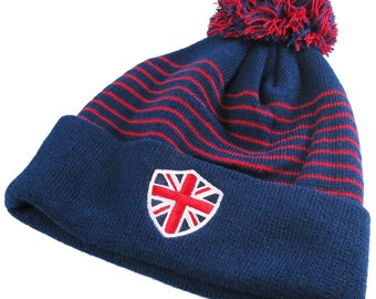 UK Union Jack Embroidery on a Navy Blue and  Red Pom Pom Beanie