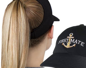 First Mate Anchor Embroidered Ponytail Baseball Cap - Nautical Style