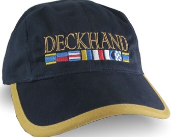 Nautical Signal Flags DECKHAND Embroidery on Polo Style 5 Panel Adjustable Navy Blue and Yellow Unstructured Cap for the Boating Enthusiast