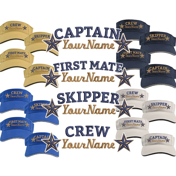 Custom Personalized Your Name on Captain First Mate Skipper Deckhand Crew Stars Embroidery on Your Selection of Adjustable Visor Cap Sun Hat