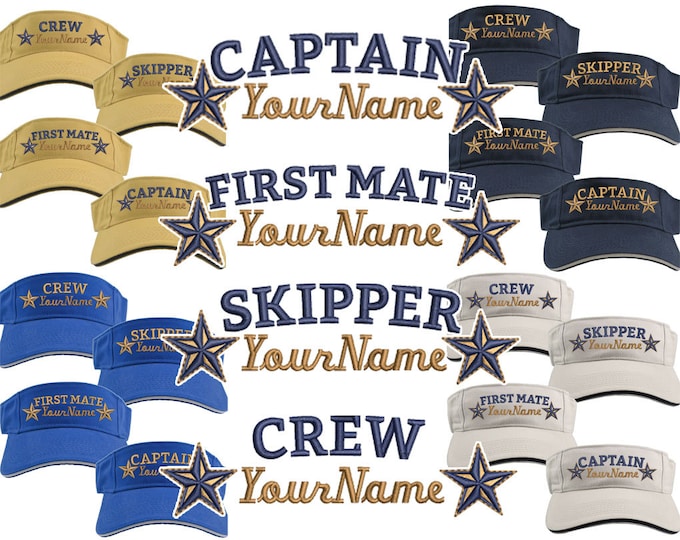 Custom Personalized Your Name on Captain First Mate Skipper Deckhand Crew Stars Embroidery on Your Selection of Adjustable Visor Cap Sun Hat