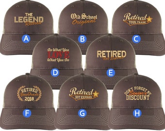 Custom Retirement Embroidery Design on a Brown on Tan Full Fit Classic Adjustable Trucker Cap 8 Designs to Choose From Some Personalized