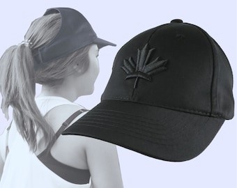 Canada Maple Leaf 3D Puff Black Raised Embroidery Design on an Adjustable Structured Black Ponytail Hairdo Women Open Fashion Baseball Cap