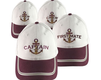 Nautical 4 Hats Bundle Captain Crew Embroidery Adjustable Maroon Burgundy Red Structured Baseball Caps Personalization Options Boat Name