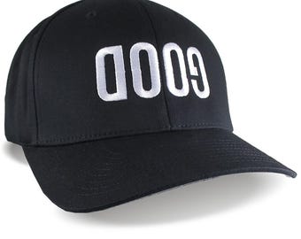 Reversed GOOD Embroidery on an Oversized Double XL Fitted Structured XXL Classic Size 8 Baseball Cap in Black with Options