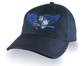 Saint Michael Archangel Thin Blue Line Police Symbolic Embroidery on a Navy Blue Structured Adjustable Baseball Cap Options to Personalize