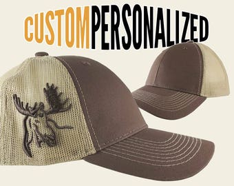 Custom Personalized Moose 3D Puff Embroidery on an Adjustable Full Fit Brown Trucker Mesh Cap with Your Choice of Front Decors Hunting Hat