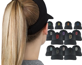 Your Custom Personalized 3D Puff Ole English Monogram Embroidery Adjustable Black Structured Ponytail Hairdo Women Fashion Open Baseball Cap