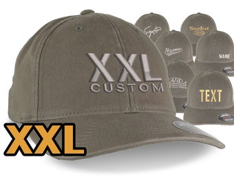 Custom Embroidery on an Oversized Large Head Double XL Fitted Unstructured XXL Yupoong Drab Olive Loden Baseball Cap Personalization Options