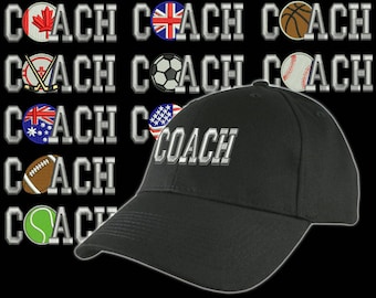 Custom Personalized Coach Embroidery on an Adjustable Structured Black Baseball Cap Front Decor Selection with Options for Side and Back