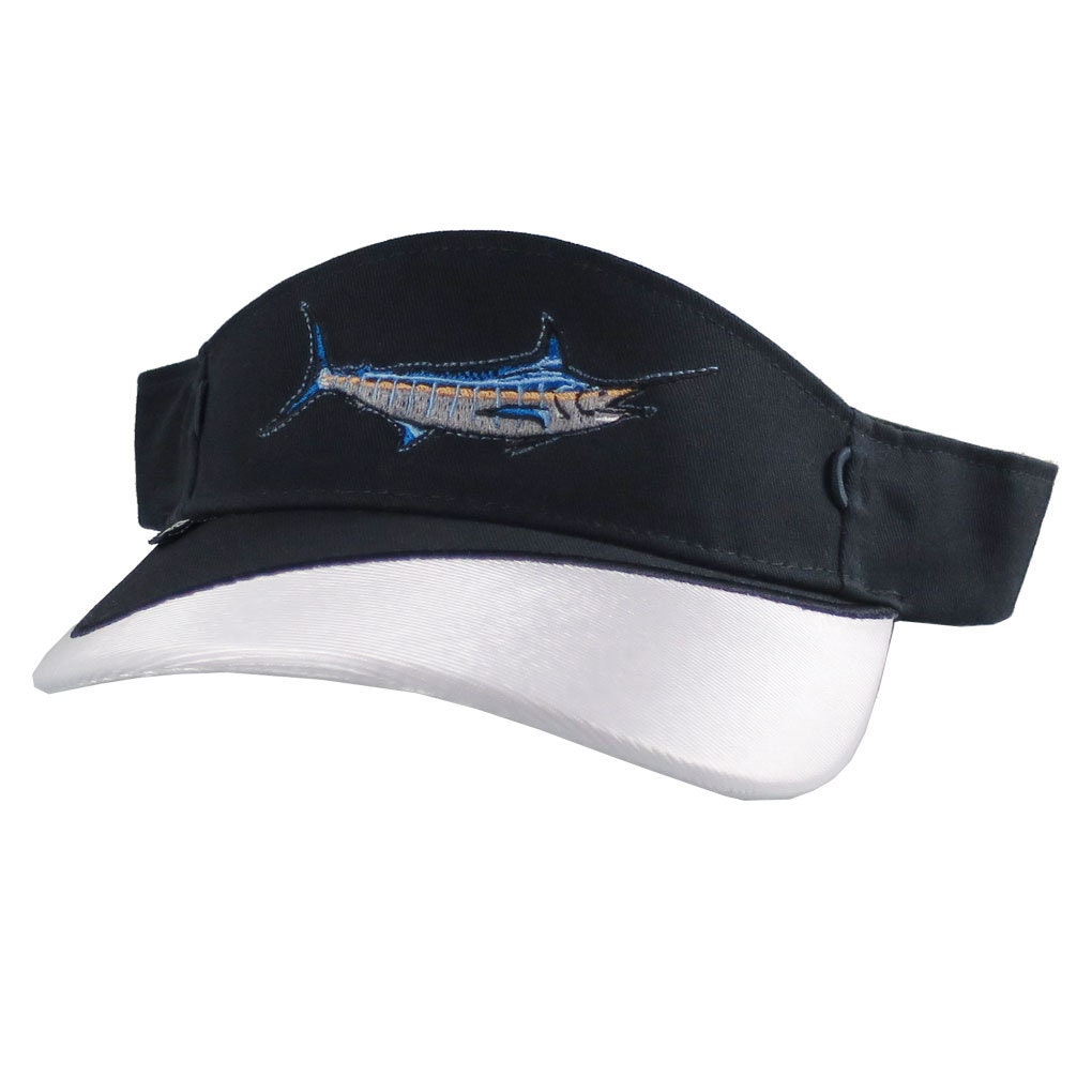 Blue Marlin Fish Nautical Embroidery on a Navy Blue and White Visor  Adjustable Elegant Fashion Sun Hat 