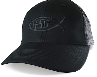 Jesus Ichthys Fish Black on Black Design Embroidery on an Adjustable Structured Full Fit Trucker Mesh Cap