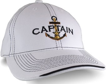 Nautical Star Golden Anchor Boat Captain Embroidery on an Adjustable White Structured Baseball Cap with Options to Personalize The Hat