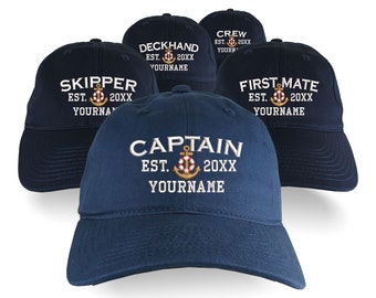 Custom Personalized Captain First Mate Skipper Deckhand Crew Embroidery on an Adjustable Unstructured Navy Blue Baseball Cap with Option