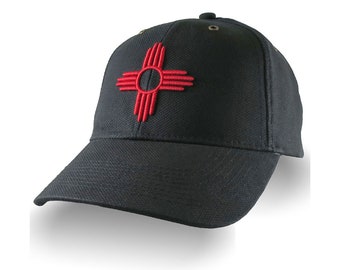 New Mexico State Flag Symbol Red 3D Puff Embroidery Design on an Adjustable Black Structured Classic Baseball Cap with Option to Personalize