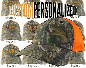 Custom Personalized Safety Orange Embroidery on an Adjustable Realtree Camo Safety Orange Trucker Cap Your Choice  16 Front Decors Hunt Fish