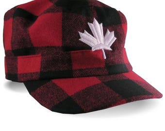White 3D Puff Maple Leaf Raised Embroidery on a Red Buffalo Check Plaid Unstructured Fashion Military Cadet Cap Full Fit Lumberjack Style
